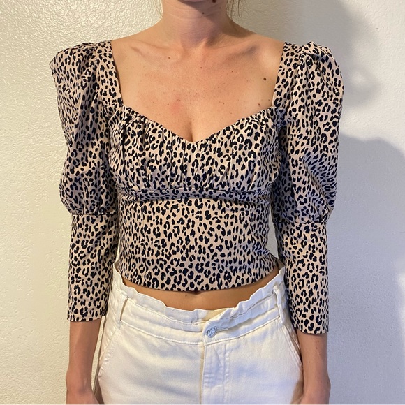ZARA Cheetah Animal Print Poplin Sweatheart Smocked Back Top Puff Sleeve Size XS - Picture 1 of 12